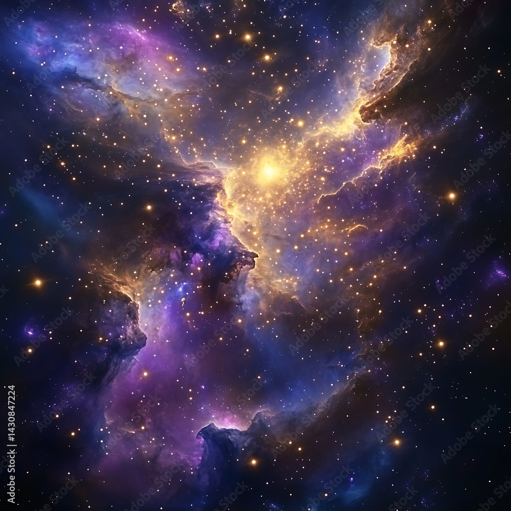 Poster cosmic nebula illuminated by thousands of glowing stars in dark space backdrop