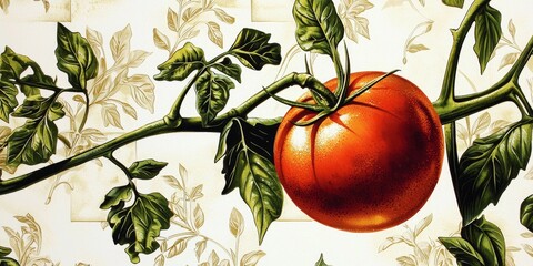 Vintage watercolor painting of a tomato on a branch.