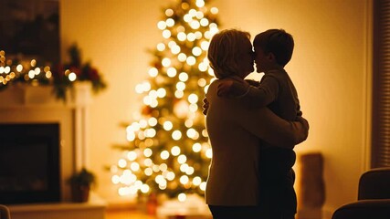 Elderly couple embracing by christmas tree in cozy living room for holiday warmth - Powered by Adobe
