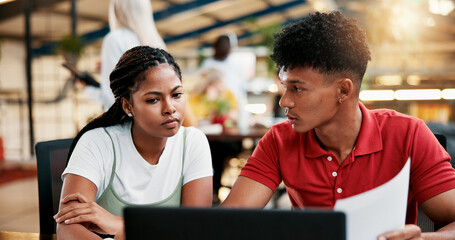 Students, college and friends learning with laptop for help, problem solving or education....