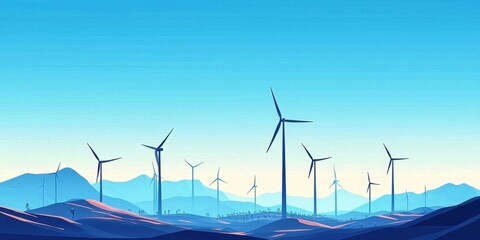 Wind turbines silhouetted against a clear sky contribute to the picturesque countryside landscape.