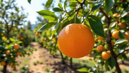 Orange fruit hanging on tree in natural sunlight, citrus freshness in orchard