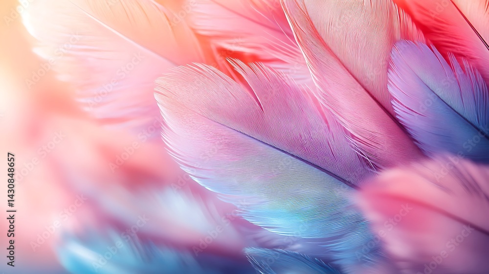 Poster vibrant gradient feather texture, colorful feathers in soft focus with a vibrant gradient background