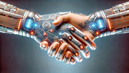 Two advanced robotic hands shake in unity, symbolizing technology, connection, and future collaboration through intricate circuits, lights, and metallic design.