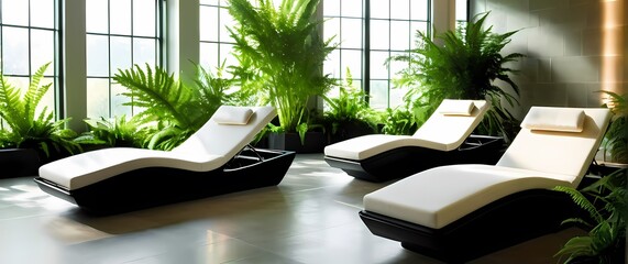 Spa space with modern clean line chaise loungers accented by green indoor ferns and soft filtered sunlight below large windows
