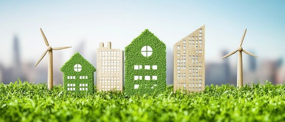 Sustainable city concept with green energy wind turbines and ecofriendly buildings on grass, representing environmental awareness and renewable resources