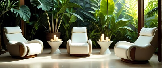 Fototapeta premium Spa room with white comfortable chairs set among tropical plants bathed in soft filtered daylight
