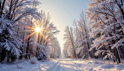 Deep winter forest with snowy trees, cold atmosphere, seasonal wallpaper