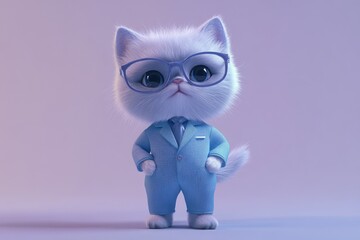 Adorable fluffy white kitten in a blue suit and glasses, looking smart and sophisticated.