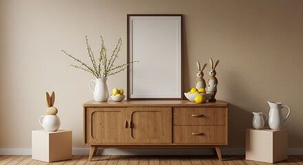 Mid-Century Modern Home Decor Stylish Wooden Console Table with Easter Decorations and Mockup Frame