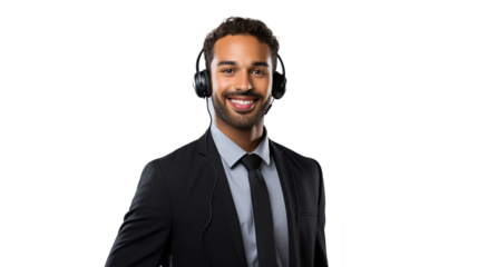 Man with headset smile, ready to help customers in call center for business communication support, isolated on transparent background. PNG