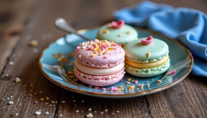Macaroon dessert on plate, sweet homemade treat with pastel elegance