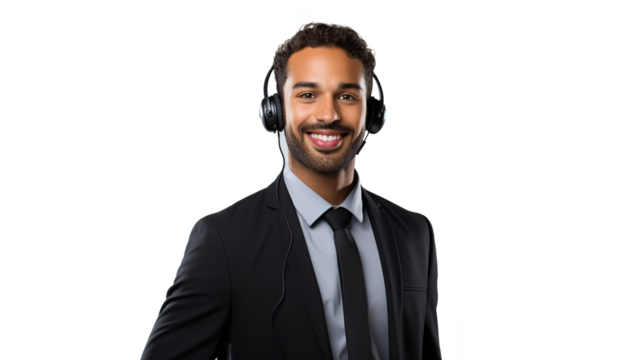 Man with headset smile, ready to help customers in call center for business communication support, isolated on transparent background. PNG