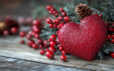 Shiny red heart surrounded by red berries and pine on rustic wood planks for holiday spirit