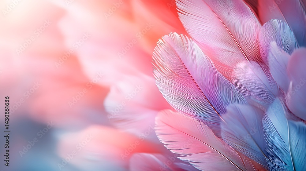 Poster vibrant gradient feather texture, colorful feathers in soft focus with a vibrant gradient background