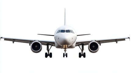 A commercial airplane is captured head-on in mid-flight with landing gear down, isolated against a white background