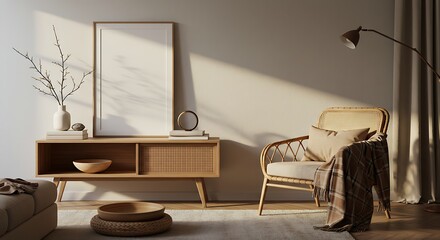 Serene Minimalist Living Room Interior Design Warm Neutral Tones, Natural Textures, and Sunlight