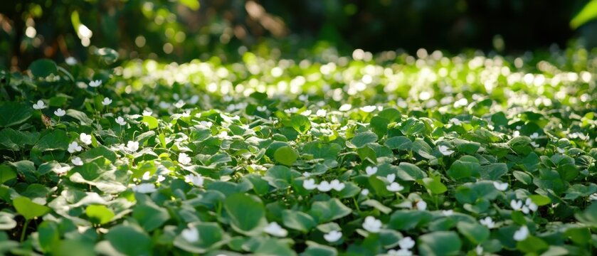 Lush ground cover of pennywort plants with delicate white flowers in a sundappled garden, creating a peaceful and natural botanical background