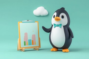 Obraz premium A cute penguin in a bow tie presents a bar chart on a small easel against a teal background.