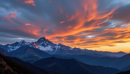 Sunset over majestic mountain range, glowing peaks and dramatic sky