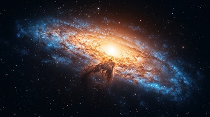 Fototapeta premium Majestic spiral galaxy in deep space. Vibrant hues of orange, yellow, and blue spiral arms against a backdrop of countless stars. Intense light source in the center