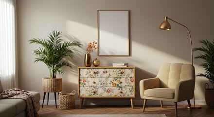Elegant Living Room Design  Floral Chest of Drawers, Beige Armchair, and Warm Lighting
