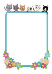 たくさんの猫とお花のフレーム　ライン縦