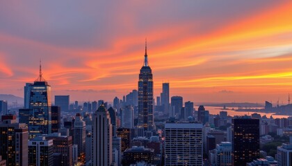 Obraz premium City skyline at sunset, glowing skyscrapers under orange and pink sky