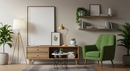 Modern Living Room Interior Design Stylish Green Armchair, Wooden Furniture, and Greenery Accents