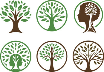 Set of 6 Abstract Tree and Human Symbols &ndash; Eco Friendly Vector Icons with Nature Inspired, Minimalist Design for Sustainability & Growth 