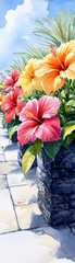 Obraz premium Vibrant Hibiscus Flowers in Stone Planters.