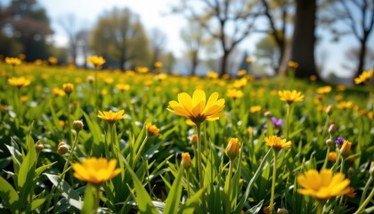 Obraz premium Bright yellow flower blooming in peaceful meadow, vivid nature contrast