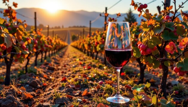 Glass of red wine in vineyard with tech overlay, merging tradition and innovation