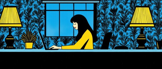 Young adult woman working from home on laptop in stylish blue room with floral wallpaper and yellow lamps, concept of remote work and modern lifestyle