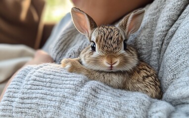 Naklejka premium Cute rabbit nestled comfortably, held gently in human's arms