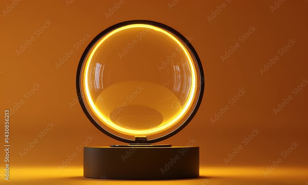 Poster a glowing light ring on podium, hovering above an led base. the circular shape is made from glass an
