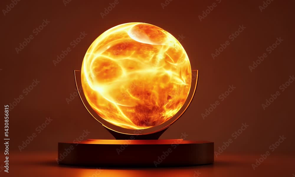 Poster a glowing light ring on podium, hovering above an led base. the circular shape is made from glass an