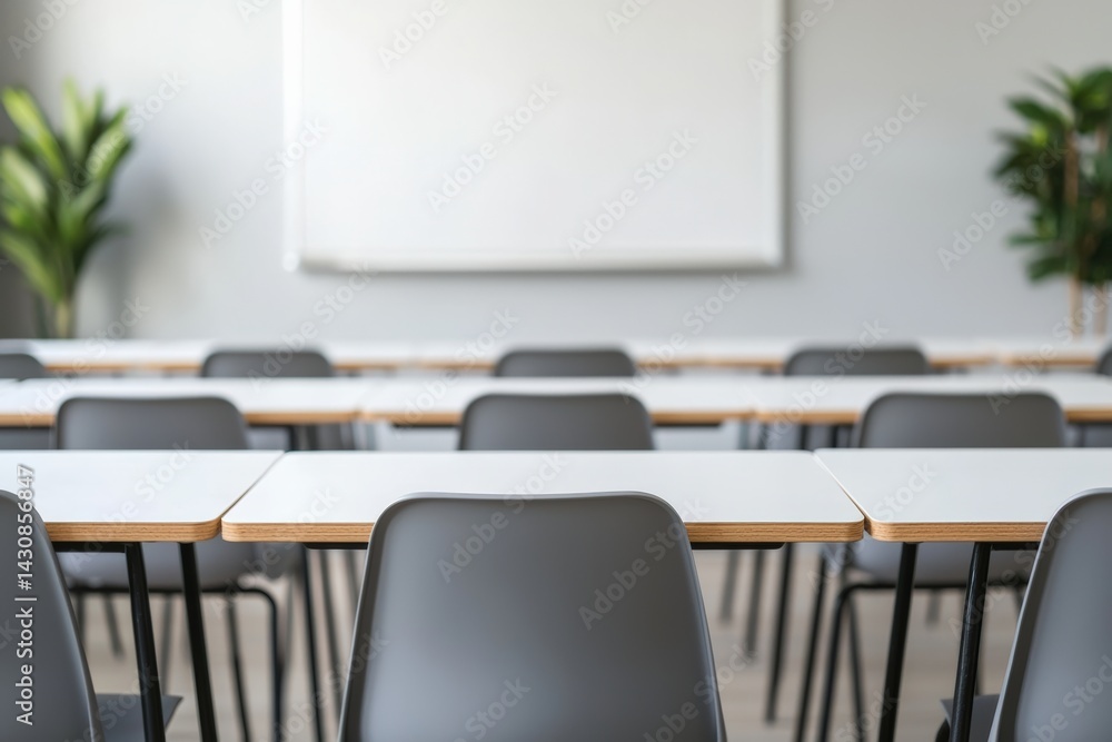 Poster modern classroom with empty desks and chairs ready for students