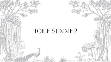 Classic toile peacock bird, floral trees, willow, plants botanical frame. Park landscape mural. © good_mood