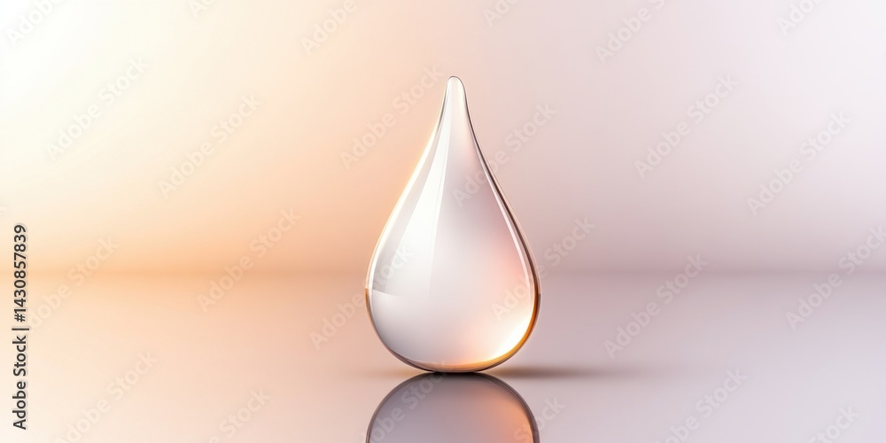 Poster clear water drop with reflection on a smooth surface against a soft gradient background concept of p