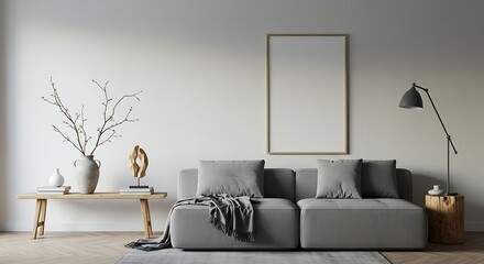Modern Minimalist Living Room Interior Design  Grey Sofa, Wooden Accents, and Simple Elegance