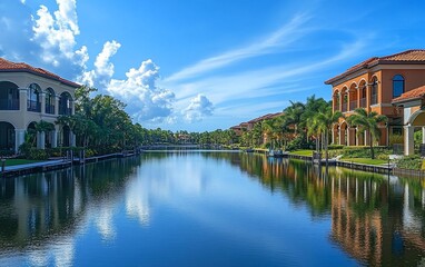 Fototapeta premium Houses along a serene waterway with cloudy sky and lush greenery