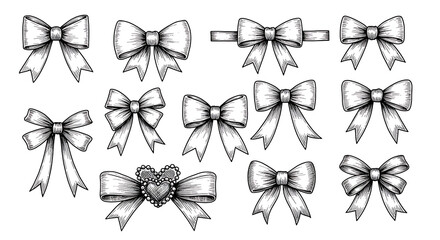 Obraz premium Collection of decorative bows hand drawn in vintage engraving style art