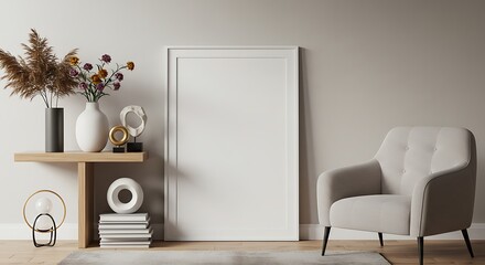 Modern Minimalist Interior Design Mockup Elegant Living Room with White Frame, Neutral Palette, and Stylish Decor