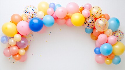 Festive pastel balloons arch on white backdrop for celebration design