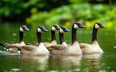 Obraz premium A flock of geese swimming in a lake