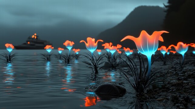 A field of bioluminescent grass glowing in the moonlight