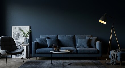 Moody Blue Living Room Interior Design Sophisticated and Serene Space