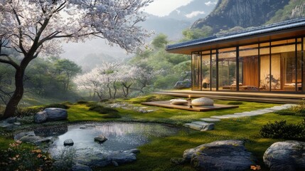 Serene mountain retreat with a tranquil zen garden.