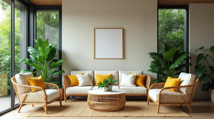 Home interior design of modern living room with a tropical twist, featuring rattan furniture, lush green plants, and a framed mockup